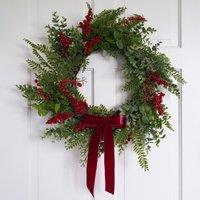 55cm Artificial Red Berry & Pinecone Red Velvet Bow Wreath