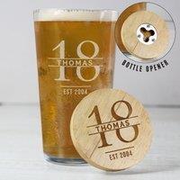 Personalised Birthday Bamboo Bottle Opener Coaster and Pint Glass Set