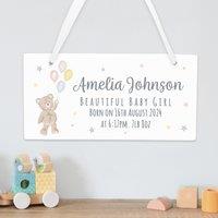Personalised Teddy and Balloons White Wooden Sign