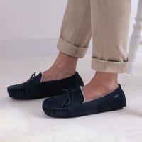 totes Suedette Faux Fur Lined Navy Moccasin Slippers Navy