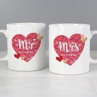 Personalised Set of 2 Mr and Mrs Valentine's Day Confetti Hearts Mugs White