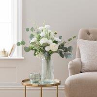 Artificial White Rose & Eucalyptus Bouquet in Ribbed Glass Vase