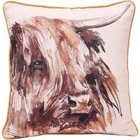 Meg Hawkins Highland Cow Square Cushion with Wooden Buttons