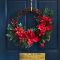 Artificial Poinsettia Rattan Base Wreath with Berries & Pine Needles