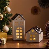 Pack of 2 Light Up Ceramic White & Brown House Decorations