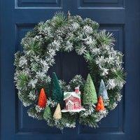 60cm Artificial Frosted Folk Wreath with Brushed Trees & House Decorations