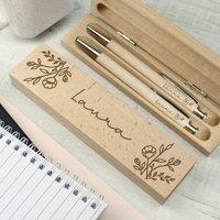 Personalised Floral Wooden Pen and Pencil Set Natural