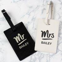 Personalised Set of 2 Mr and Mrs Black and Cream Leather Luggage Tag Cream and Black