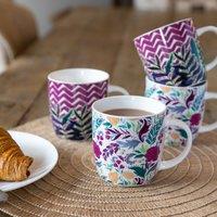 Kitchencraft Set of 4 Exotic Floral Chevron Stoneware Mugs