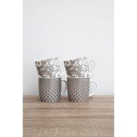 Kitchencraft Set of 4 Floral Polka Dot Grey Stoneware Mugs