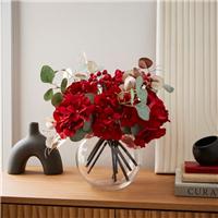 Artificial Red Hydrangea & Gold Eucalyptus Arrangement in Round Glass Vase
