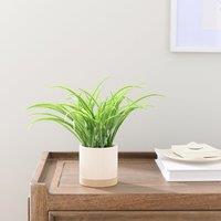 Artificial Grass in White Ribbed Ceramic Plant Pot
