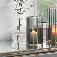 Brass & Smoked Glass Panelled Hurricane Candle Holder