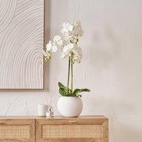 Artificial White Orchid in Rounded White Plant Pot