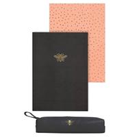 Sky & Miller Set of 2 Black & Coral Notebooks & Bee Pencil Case