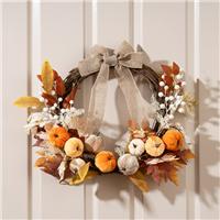 Artificial Velvet Pumpkins & Foliage Half Wreath with Bow