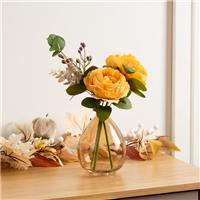 Artificial Yellow Rose Arrangement in Smoked Glass Vase