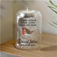 Personalised Robin Memorial Feather Tealight Holder
