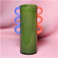 Raspberry Blossom Wavy Handled Green Glass Vase