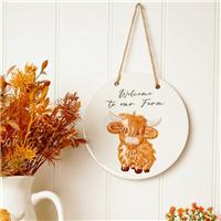 Country Living Highland Cow Welcome to our Farm Round Plaque