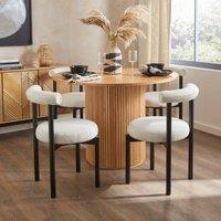 Amari Round Dining Table with 4 Violeta Ivory Boucle Dining Chairs