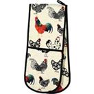 Rooster Double Oven Gloves Off White, Blue and Red