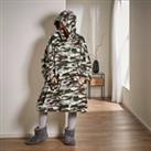 Dunelm Camo Green, Brown & Grey Fleece Blanket Oversize Adult Hoodie, Size: 98cm x 97cm Brown/Wh