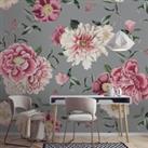 Vintage Floral Mural Grey/Pink/White