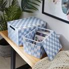 Set of 2 Checkered Boxes with Lid Blue/White