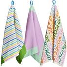 Raspberry Blossom Set of 3 Cotton Printed Tea Towels with Hanging Loop White