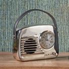 Retro Radio Style Table Clock with Leather Strap Silver