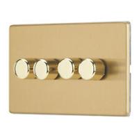 LED Dimmer Wall Switch 4-Gang 2-Way Brushed Brass Rotary Push On/Off Screwless