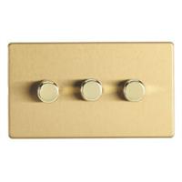 LED Dimmer Wall Switch 3-Gang 2-Way Rotary Push On/Off Screwless Brushed Brass