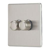 Dimmer Wall Switch 2-Gang 2-Way Rotary Screwless Brushed Steel Flat Profile