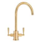 Kitchen Mixer Tap Modern Dual Lever Brass Gold Curved Swivel Spout Ceramic Disc