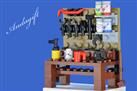 LEGO pieces garage workbench with tools, cup, oil can, paint pots - NEW