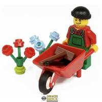 Gardener Mini figure + Wheelbarrow, spade, shovel, flowers | All parts LEGO