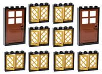 😀 LEGO Windows +Doors (Pack x 10) Black Frame Gold Lattice Brown Castle NEW