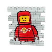 Custom printed Lego Red Spaceman graffiti wall. Full wall of 41 bricks