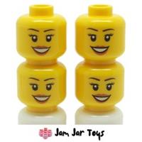 LEGO Mini Figure Heads 4 x NEW Black Eyebrows, Peach Lips Open Smile FH14