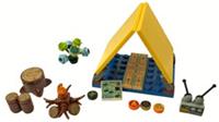 Yellow Tent Camp Site, campfire, logs, Tree stump using genuine new Lego