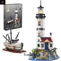 1677PCS LightUp Lighthouse: Model Set Fisherman Rescue Boats Building Bricks Toy