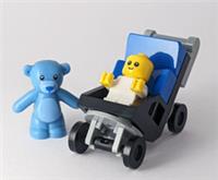 Lego Baby minifigure in Black & Blue pram with Blue Teddy bear