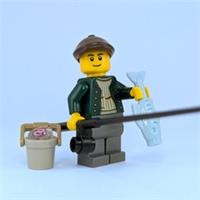 Lego Fisherman Minifigure with Bucket of Bait Worms, Fishing Rod, and Blue Fish