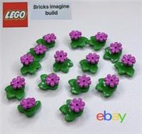 15 x Lego 32607 Plant Plate Stud With Three Leaves 1x1 with Pink Flower - 11A
