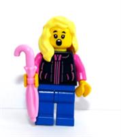 LEGO Female Girl Minifigure Figure Blonde Hair Blue Pink Jacket  & Umbrella