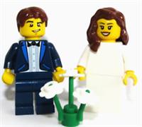 LEGO Bride Brown Hair & Groom Dark Blue Suit Best Man Wedding Minifigure Flower