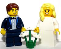 LEGO Bride Blonde Hair & Groom Dark Blue Suit Best Man Wedding Minifigure Flower