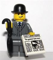 LEGO Business Man Minifigure Grey Suit Bowler Hat Umbrella Newspaper