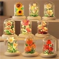 Building Block Flowers in Dust Cover with LED Light - Gift Idea Home Decor Toy